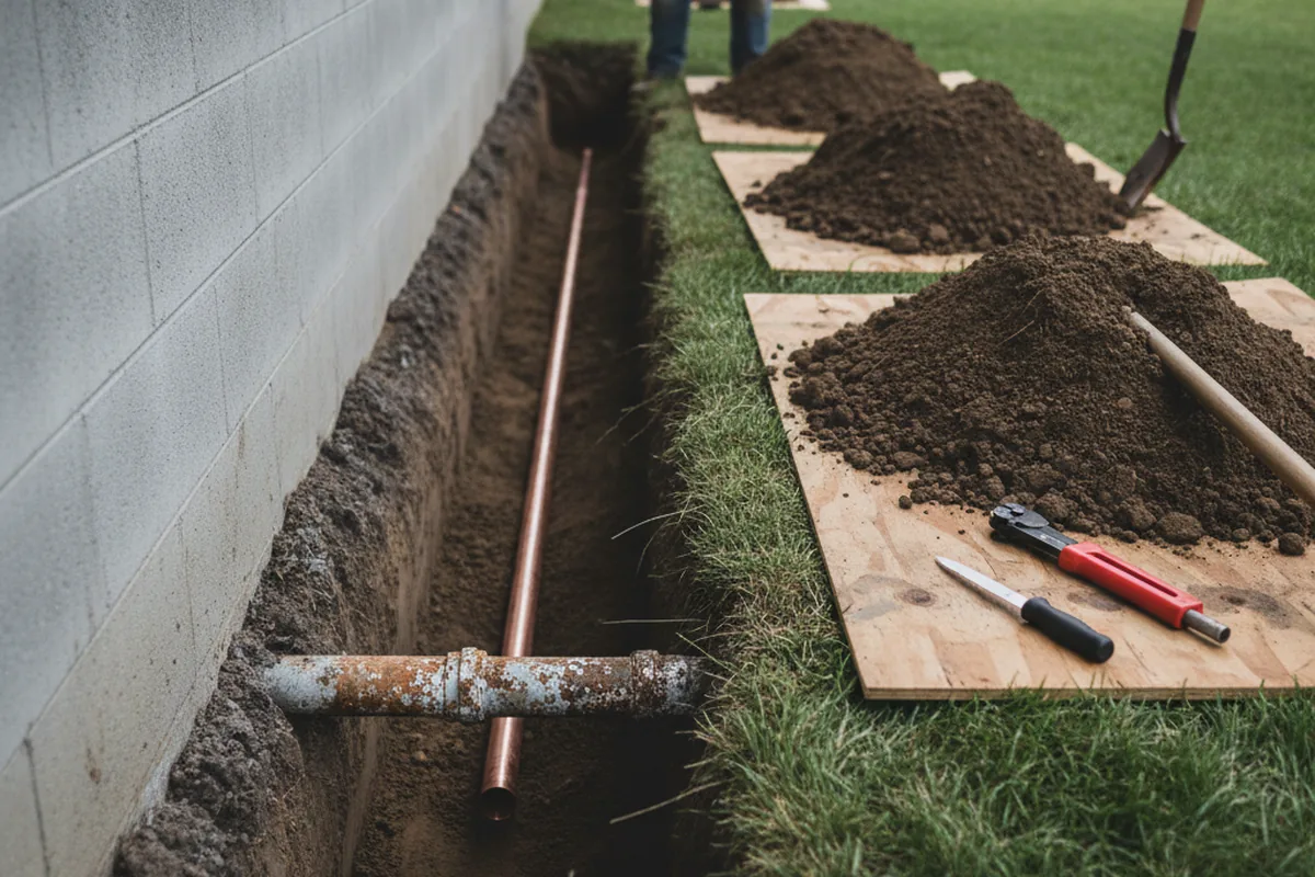 Excavated water line trench during Water Softener Installation in Kimball